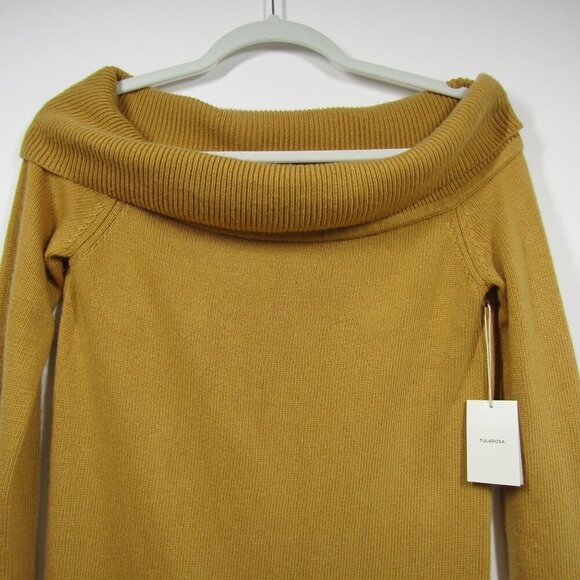 TULAROSA NWT Sweater Mini Dress L Off Shoulder Mustard Gold Cozy Minimalist - Picture 2 of 9